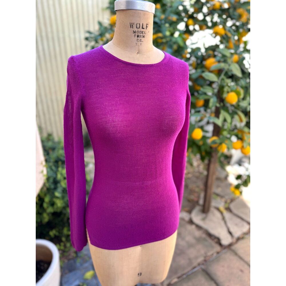 Theory 100% Wool Fushia Pink Loose Waffle Weave Fitted LS Sweater Top Size S